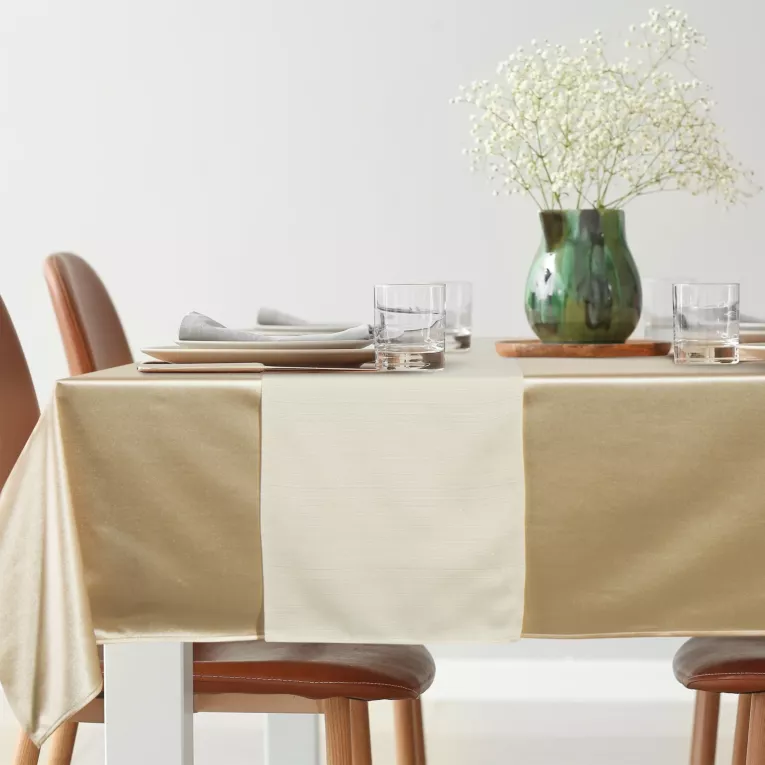 Komplet obrus + bieżnik beżowo, kremowy 140x220 cm o satynowym połysku - GLAMO