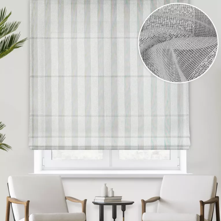 Roleta rzymska naturalna z matowej tkaniny w pasy z efektem bukli, wykończona obciążnikiem