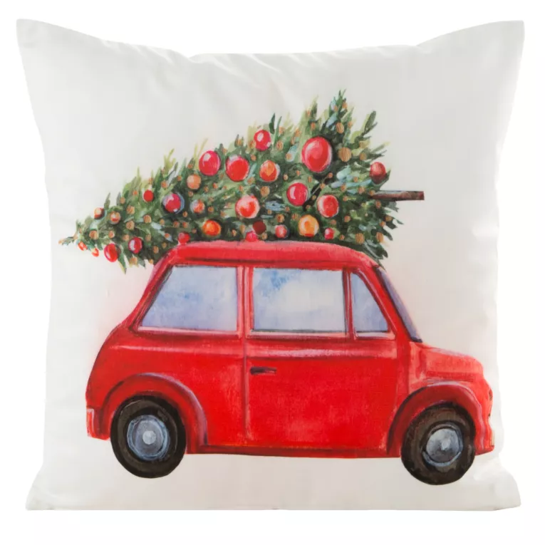 Poszewka na poduszkę 45x45 cm świąteczna biało czerwona z motywem samochodu z choinką JINGLE 35