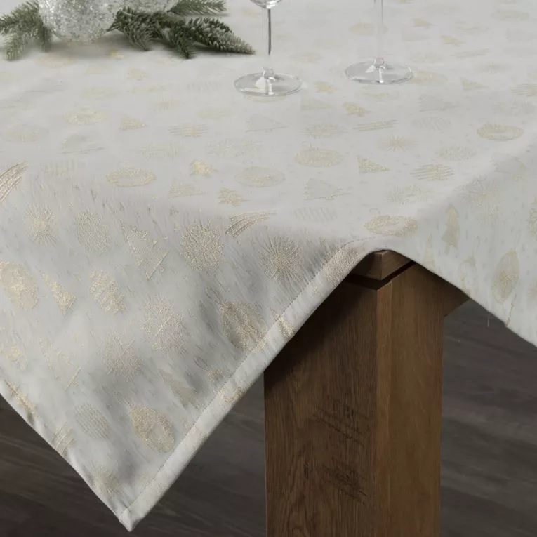 Bieżnik na stół kremowy 85x85 cm z żakardowej tkaniny FLASH z motywem świątecznym przetykany złotą nicią
