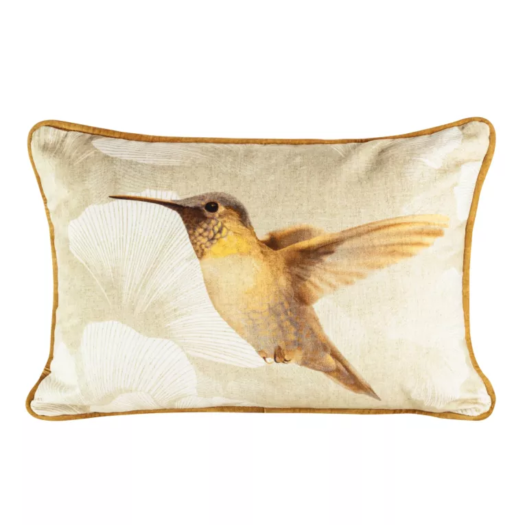 Poduszka welwetowa LINO z nadrukiem kolibra i z kontrastującą wypustką na brzegach, dwustronna