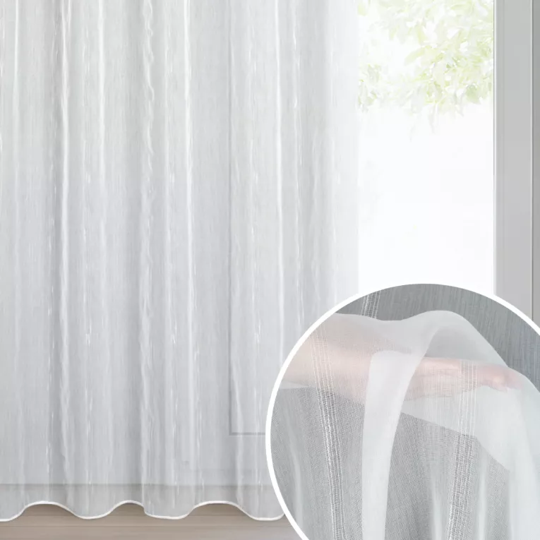 Firana biała z etaminy zdobiona lśniącymi drobnymi paseczkami 140x280 cm taśma ALEXI