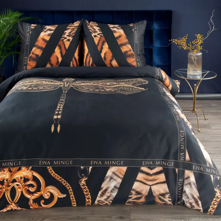 Pościel 160x200 cm z makosatyny bawełnianej kolor czarny, pomarańczowy z motywem ważki LORI 1 Eva Minge