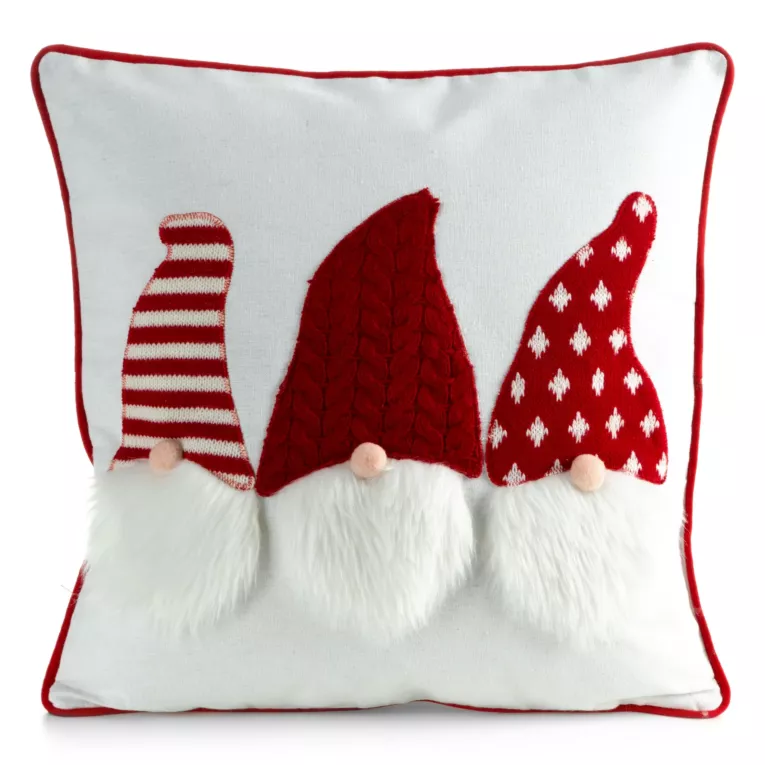 Poszewka na poduszkę 45x45 cm świąteczna biało czerwona w skrzaty i elegancką lamówką na brzegach