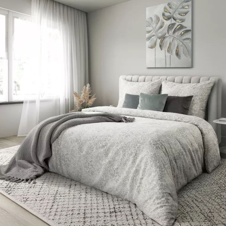 Pościel 140x200 cm bawełniana kolor szary, biały z delikatnym wzorem roślinnym SPRING 59