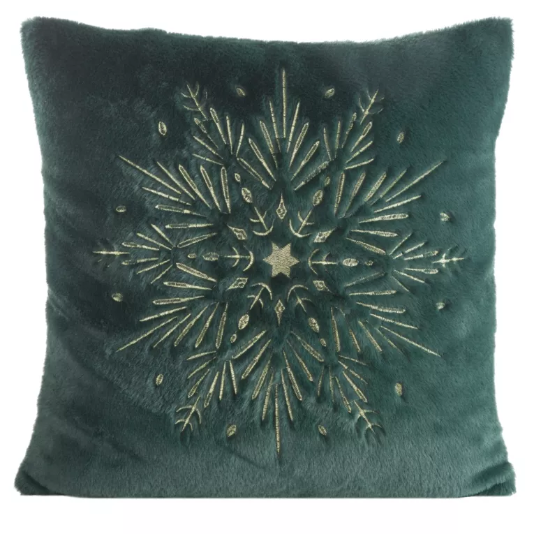 Poszewka na poduszkę świąteczna  45x45 cm ciemnozielono, szampańska z przyjemnego futerka zdobiona haftem śnieżynki