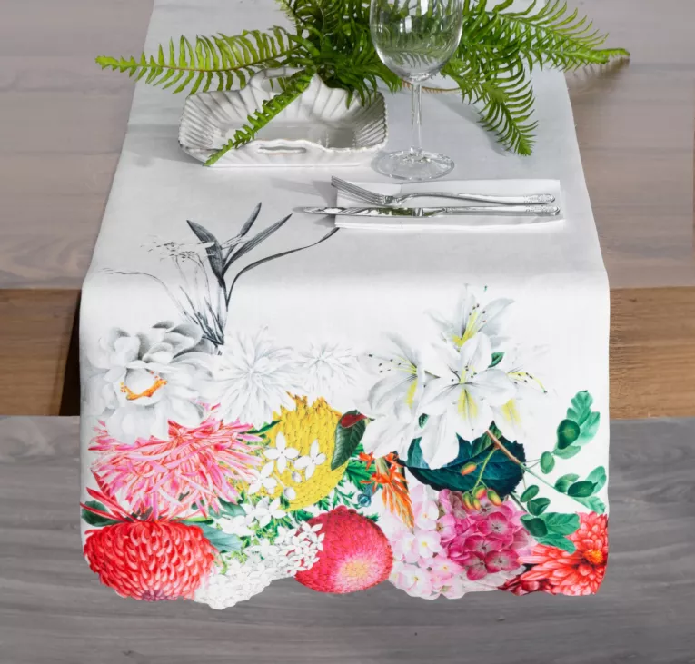 Bieżnik na stół naturalno, czerwony 40x140 cm SUMMER 3 z nadrukowanym motywem kwitnących kwiatów