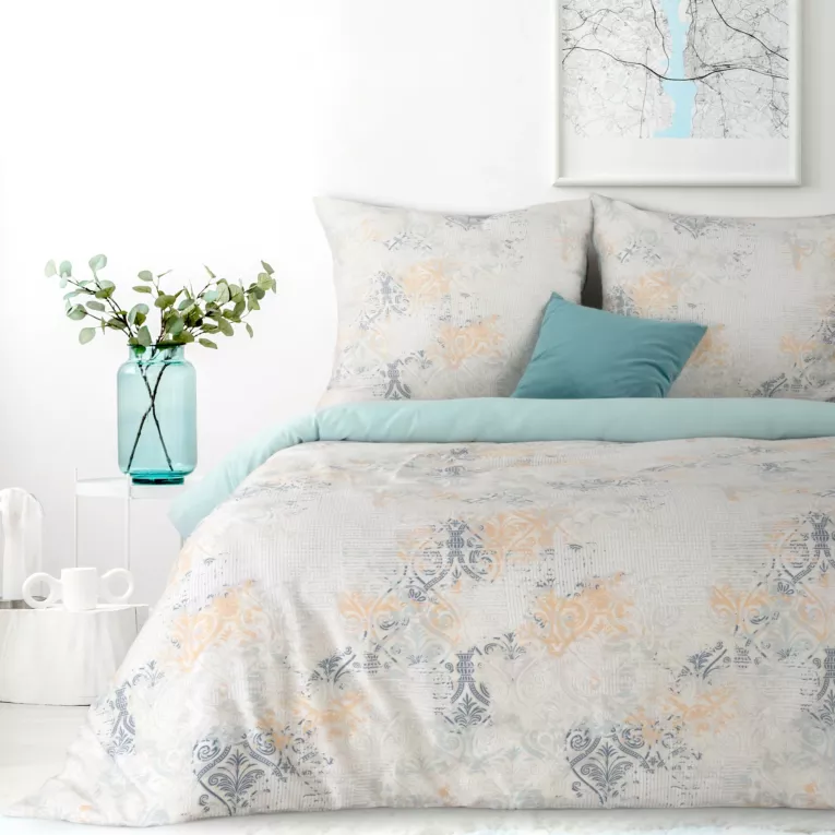 Pościel 220x200 cm bawełniana kolor biały, jasnomiętowy z motywem ornamentowym MILAN