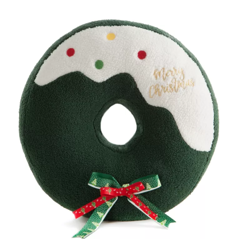 Poduszka świąteczna w kształcie pączka z dziurką 36x36 cm zielono, kremowa z tkaniny typu bukla