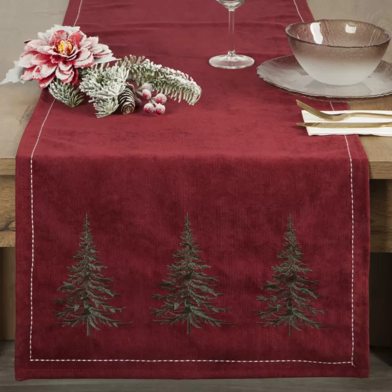 Bieżnik świąteczny na stół 40x183 cm bordowo, zielona zdobiony haftem choinek