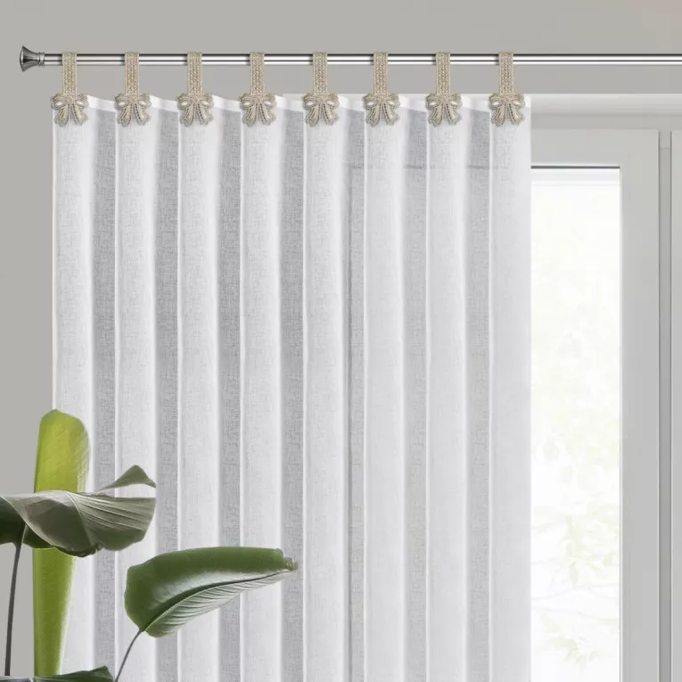 Firana biało, beżowa zdobiona kokardkami 140x250 cm szelki MELISA