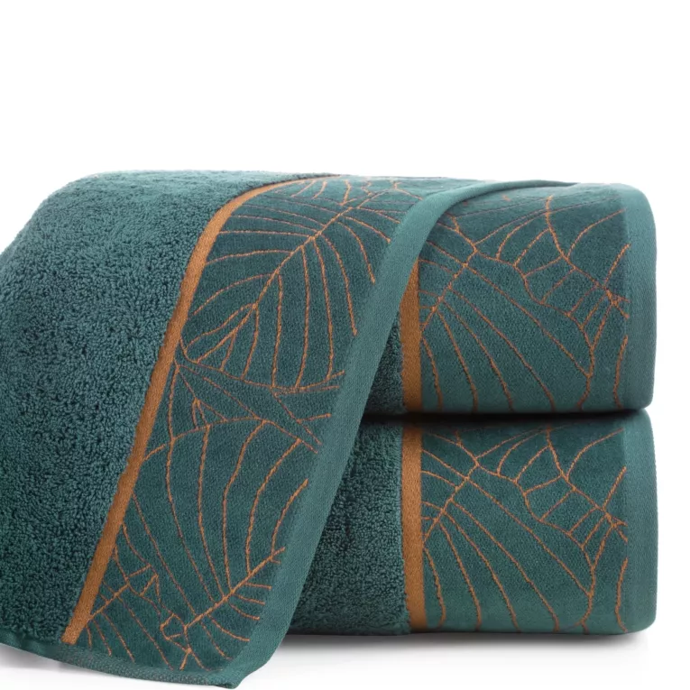 LIMITED COLLECTION ręcznik LILI 2 z  miękkiej bawełny z welwetową bordiurą z wzorem liści GŁĘBIA ZIELENI