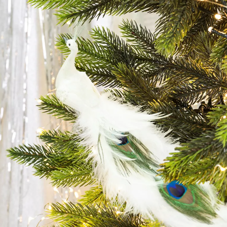 Ozdoba choinkowa PAW biały z naturalnymi piórami