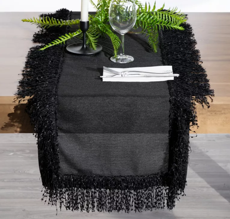 Bieżnik na stół czarny 40x140 cm TINA zdobiony puszystymi frędzlami EUROFIRANY PREMIUM