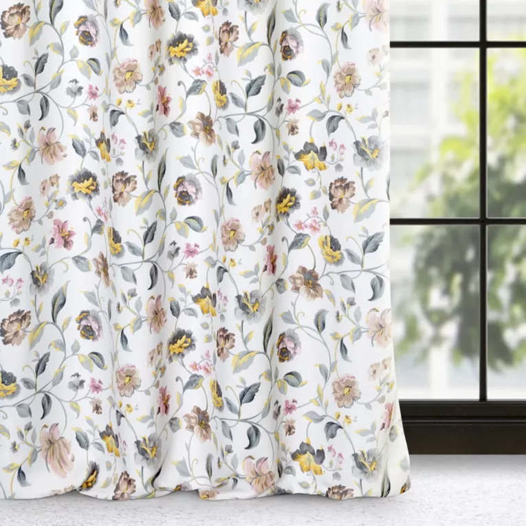 Zasłona biało, srebrna z kwiatowym nadrukiem, zaciemniająca 140x250 cm przelotka - KRISTAL