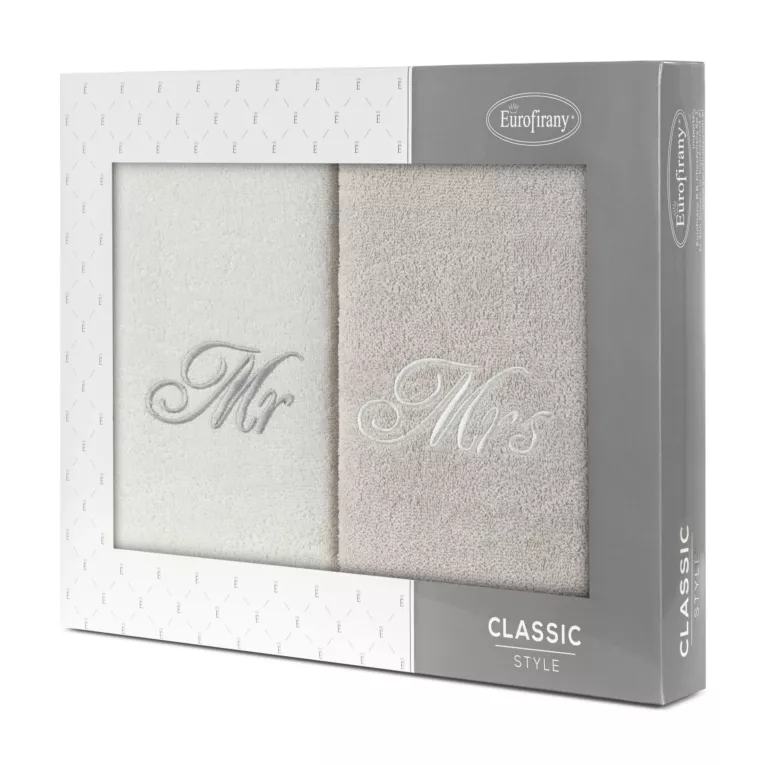 Zestaw ręczników bawełnianych na prezent 2 szt 70x140 cm z haftem MR&MRS kolor biały,srebrny 400 g/m2