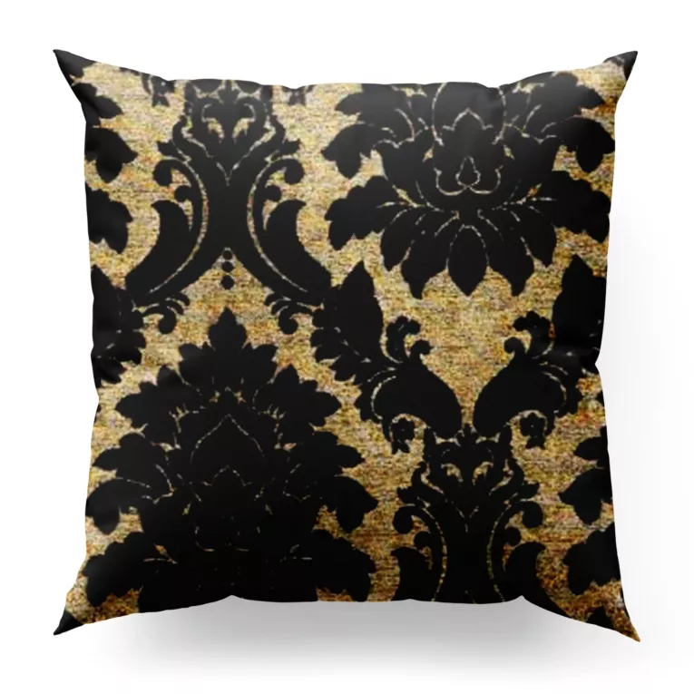 Poszewka szyta czarno złota z szenilowej tkaniny w klasyczny wzór ornamentowy przetykany błyszczącą nicią