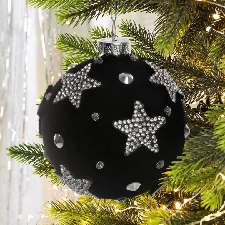 Bombka szklana o welwetowej powierzchni zdobiona kryształkami