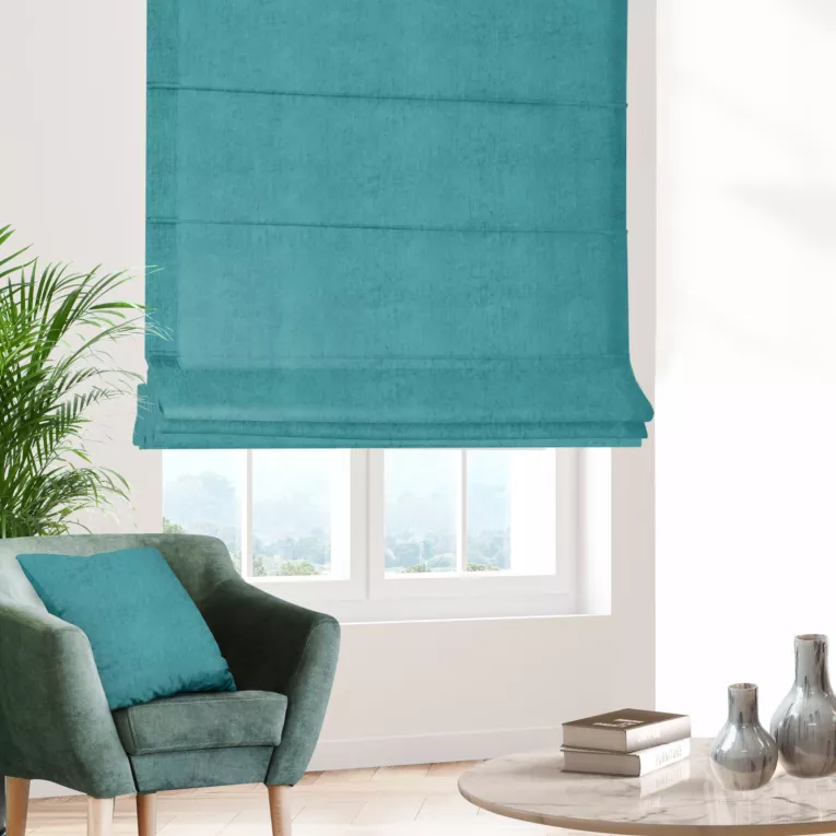 Roleta rzymska SAFARI turkusowa z miękkiej welwetowej tkaniny z połyskiem