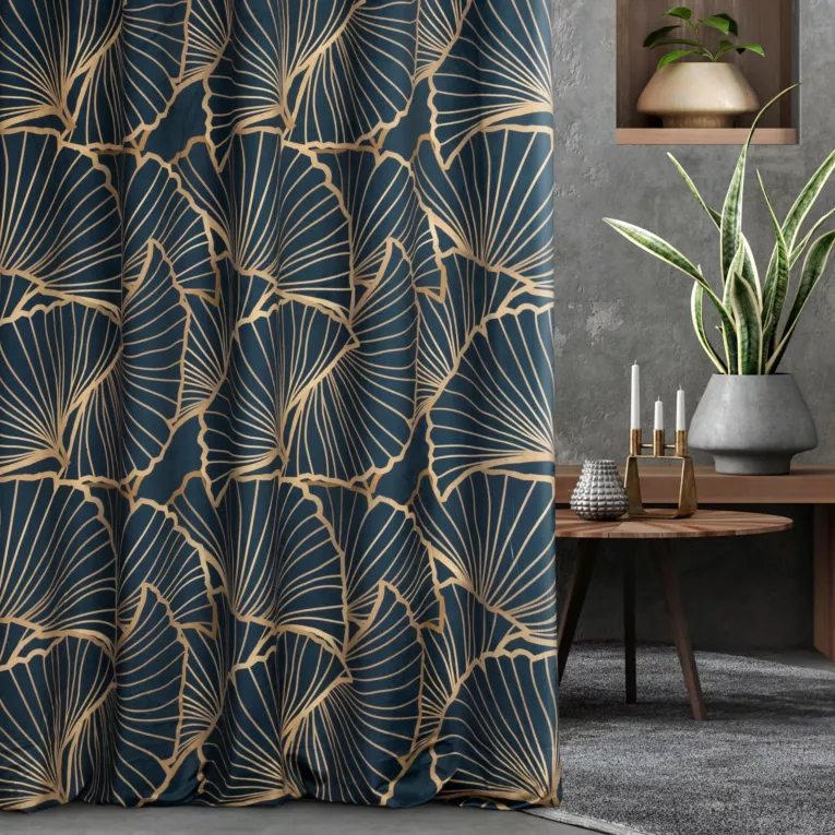 Tkanina zasłonowa miękki welwet, ze złotym nadrukiem liści miłorzębu