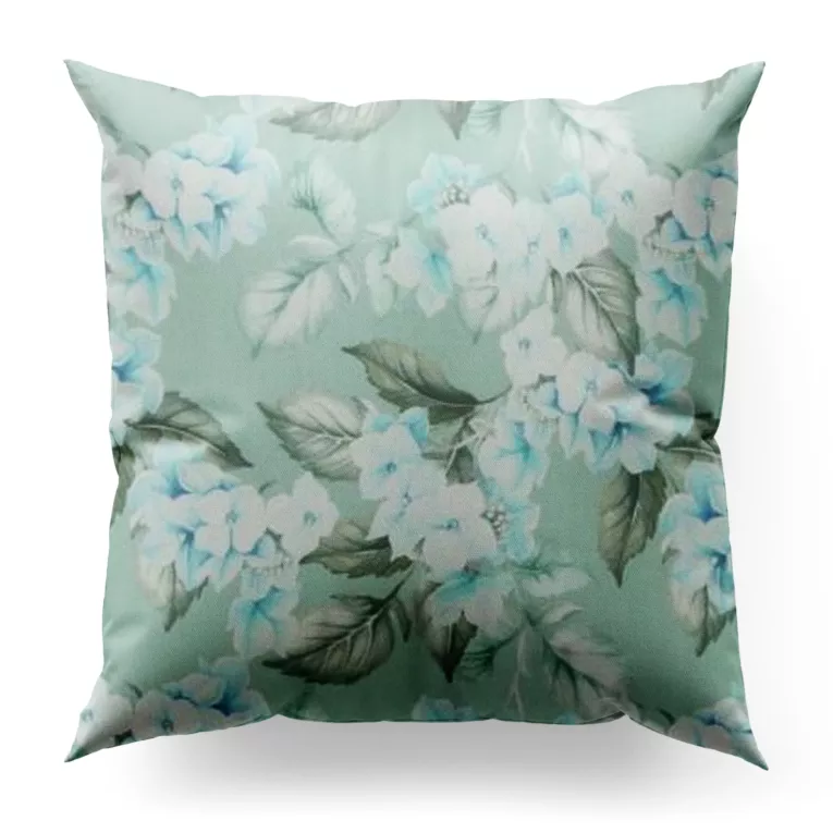 Poszewka szyta miętowa z tkaniny o naturalnym splocie z kwiatowym wzorem