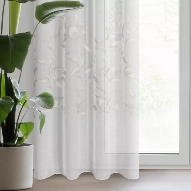 Firana biało, srebrna z etaminy zdobiona motywem roślinnym 140x250 cm przelotka ESTELLA