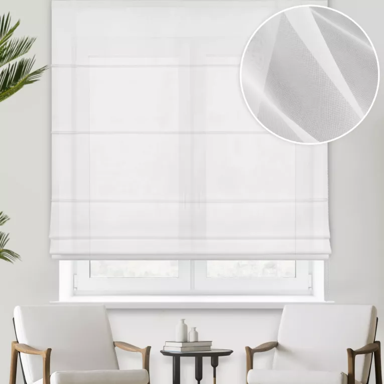 Roleta rzymska LEFT biała półprzezroczysta, matowa, z wysokiej jakości woalu, wykończona obciążnikiem