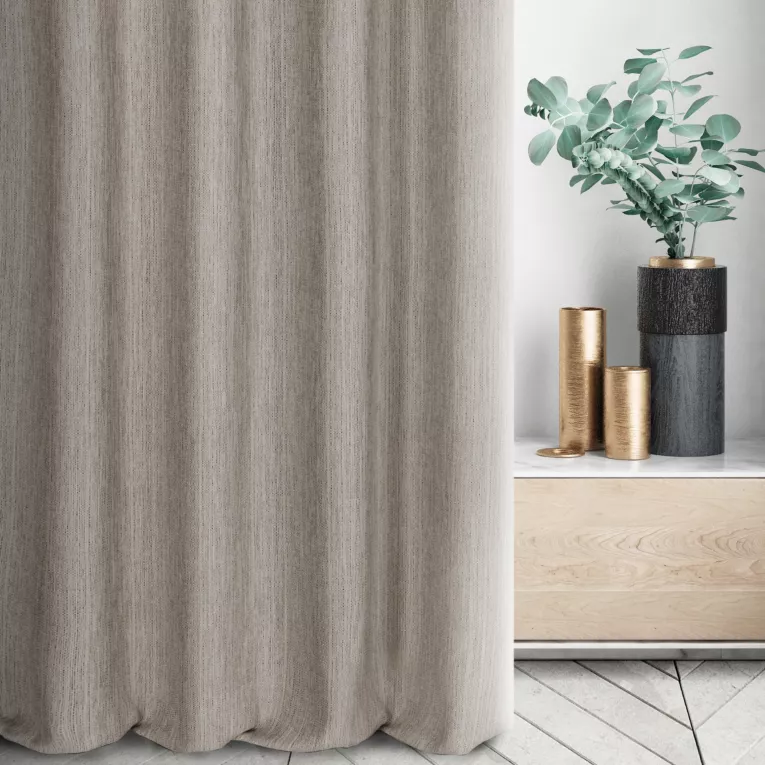 Zasłona szyta na taśmie 5 cm kremowo brązowa z tkaniny o wyraźnym splocie z efektem melanżu