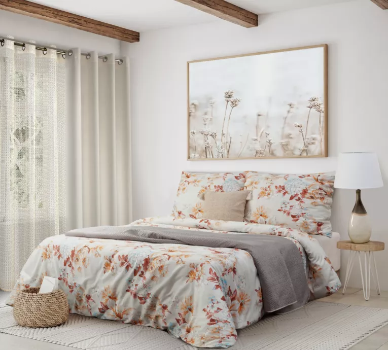 Pościel 220x200 cm z satyny bawełnianej kolor kremowy, ceglasty z kwiatowym wzorem NELLY 3