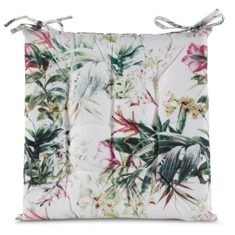 Poduszka na krzesło 40 x 40 x 5 cm  wodoodporna biało, zielona zdobione roślinnym wzorem GARDEN