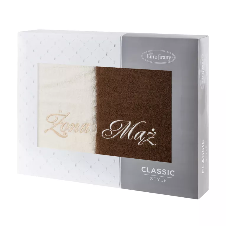 Zestaw ręczników bawełnianych na prezent 2 szt 50x90 cm z haftem Żona i Mąż kolor kremowy,brązowy 400 g/m2