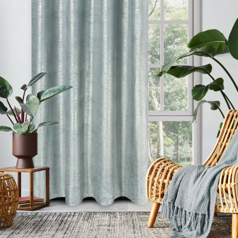 Zasłona welwetowa błękitna z prążkowanym złotym wzorem 140x250 cm przelotka - AMABEL