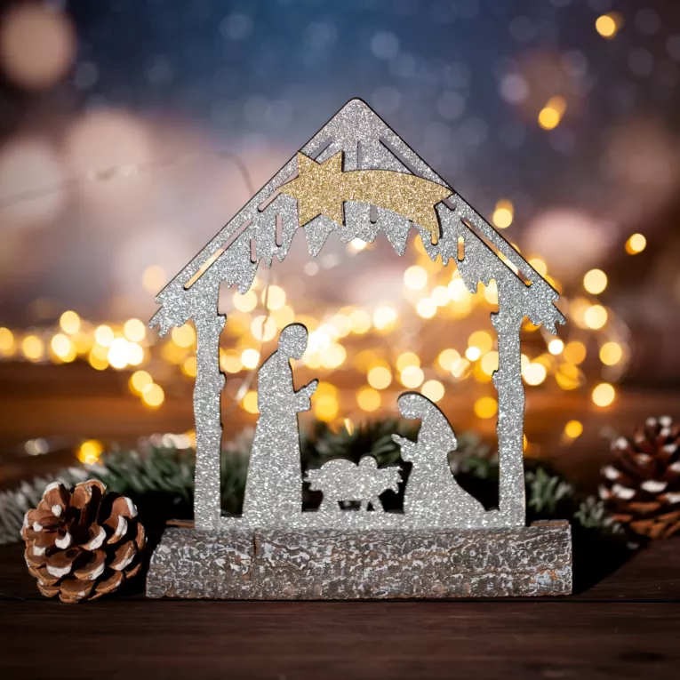 Ozdoba świąteczna SZOPKA BOŻONARODZENIOWA z brokatowymi elementami