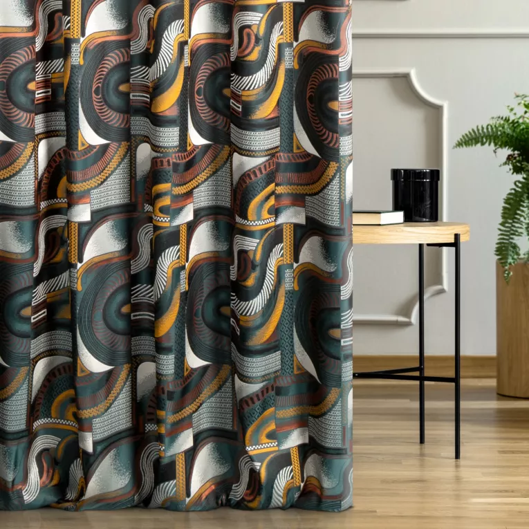 Zasłona szyta na taśmie 5 cm turkusowo złota z miękko układającej się tkaniny z wzorem w stylu ART DECO