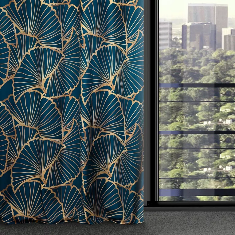 Zasłona granatowo, beżowa ze wzorem liści z matowego welwetu 140x250 przelotka - MUSA 3 - Limited Collection