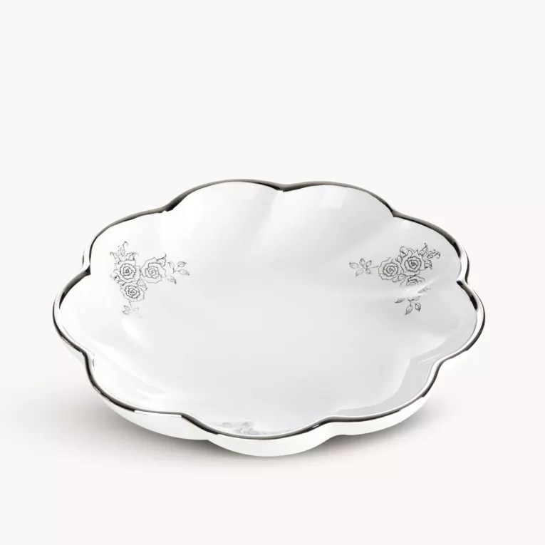 Patera dekoracyjna biało, srebrna  o falowanej formie 25x5 cm ELSA