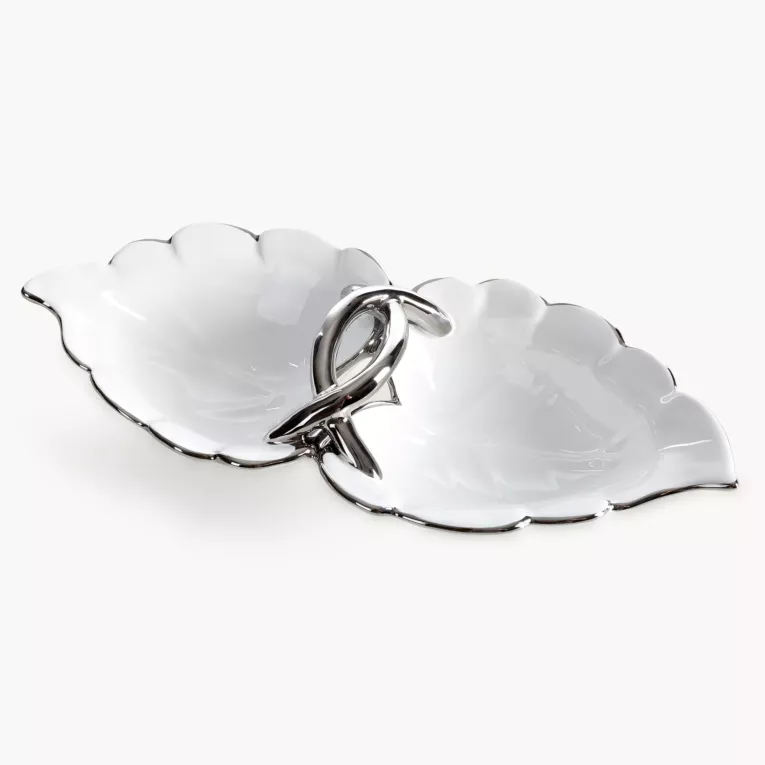Misa dekoracyjna biało, srebrna w kształcie liścia 35x16x8 cm DONA