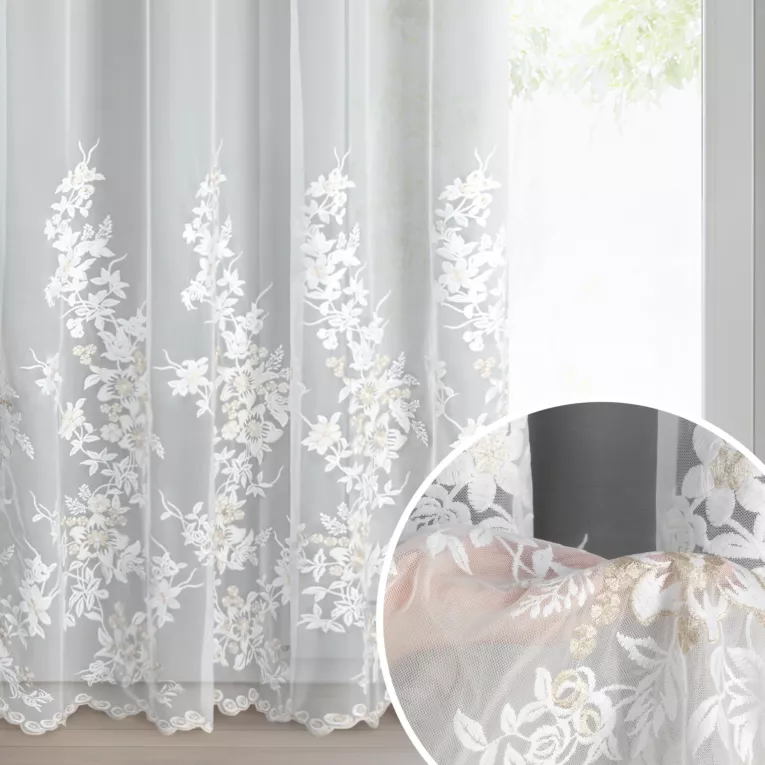 Firana kremowo z siateczki zdobiona haftem z dodatkiem szampańskiej nici 140x250 cm przelotka - ALIRA