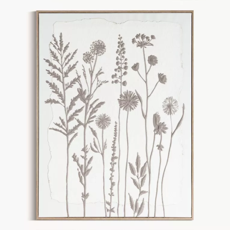 Obraz biały, szarobeżowy nadruk na płótnie subtelnych łąkowych kwiatów 45x60 cm