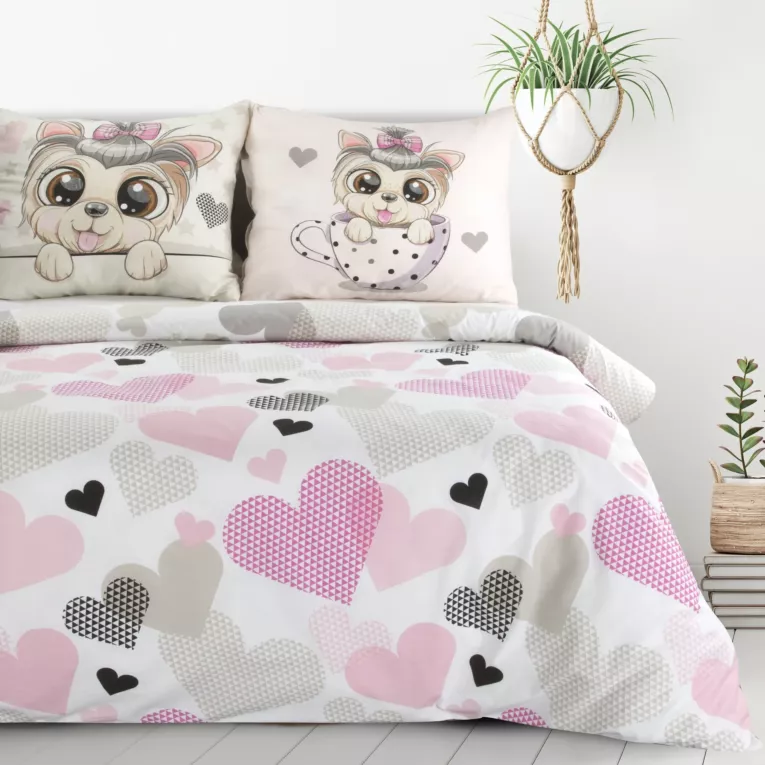 Pościel dziecięca 140x200 cm bawełniana kolor kremowy, różowy z nadrukiem serduszek Design 91
