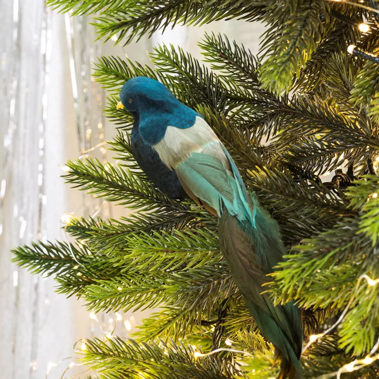 Ozdoba choinkowa PTAK z naturalnymi piórami granatowo-turkusowy