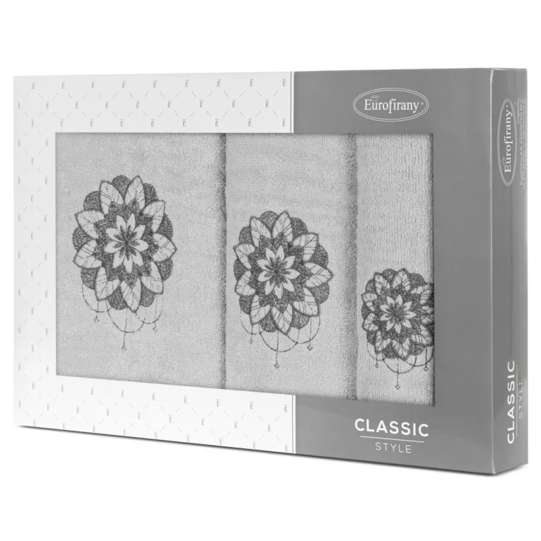 Zestaw ręczników bawełnianych na prezent 3 szt kolor srebrny,grafitowy z haftowanym motywem lotosu 380g/m2 LOTUS