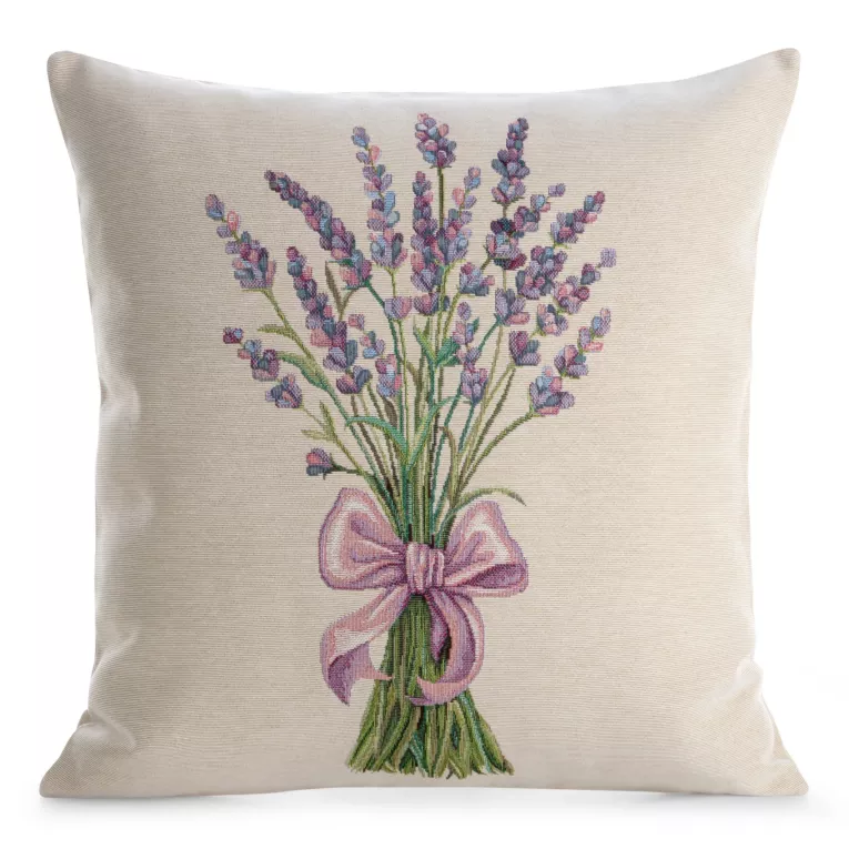 Poszewka na poduszkę 45x45 cm bawełniana, gobelinowa naturalno, zielona  z motywem lawendy GOBELIN