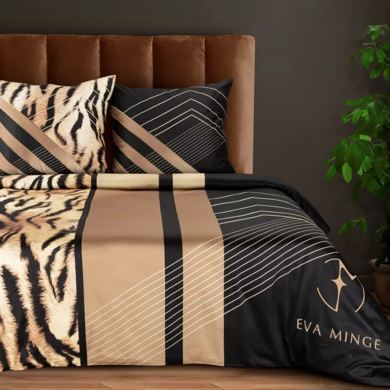 EVA MINGE Komplet pościeli MINGE 3 z najwyższej jakości makosatyny bawełnianej z designerskim nadrukiem łączący motyw zwierzęcy z motywem geometrycznym i logo