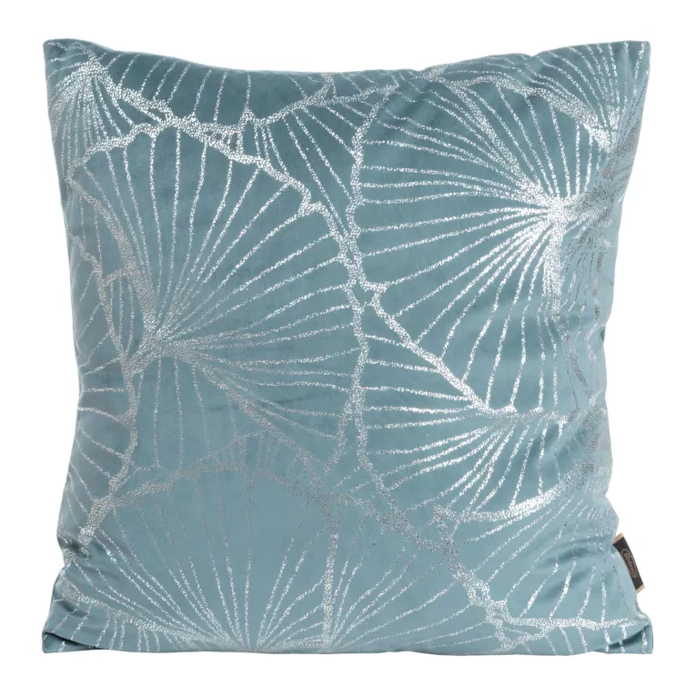 Poszewka na poduszkę 45x45 cm welwetowa niebieska z nadrukiem srebrnych liści miłorzębu BLINK 39