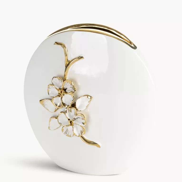 Wazon dekoracyjny biało, złoty zdobiony różami 3D  20x7x21 cm SARA