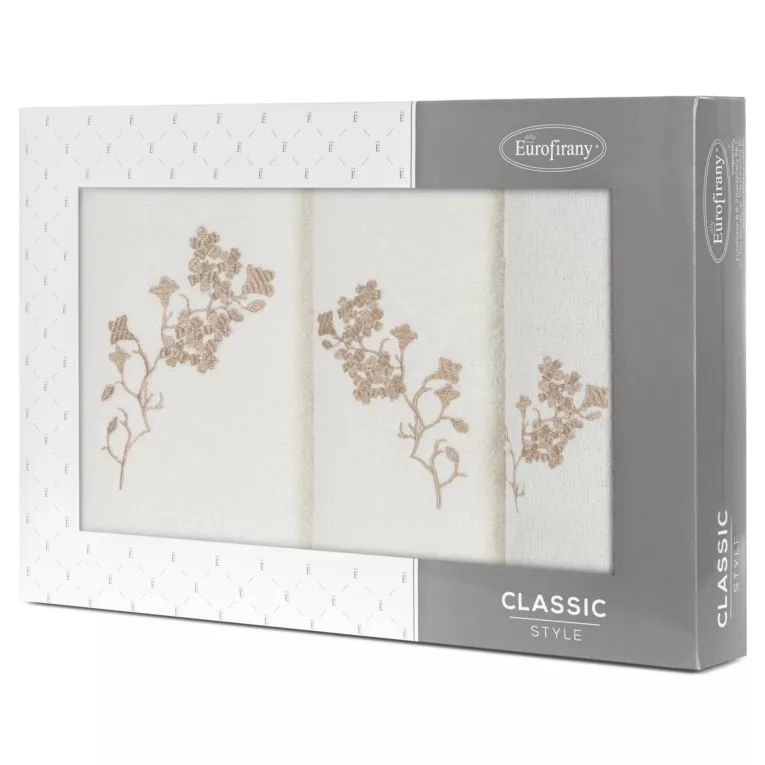 Zestaw ręczników bawełnianych na prezent 3 szt kolor kremowy,beżowy z haftowanym motywem kwiatów 380g/m2 BLOSSOM