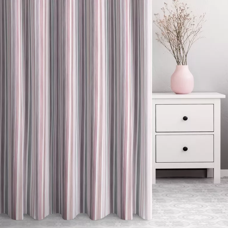 Zasłona szyta na taśmie 5 cm różowo popielata z tkaniny o naturalnym splocie z nadrukowanym wzorem w pasy