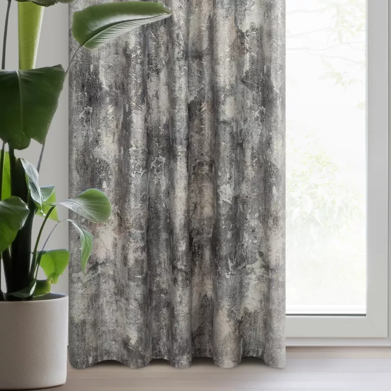 Zasłona welwetowa srebrno, beżowa zdobiona nadrukiem przecieranym 140x270 cm taśma - ESTER