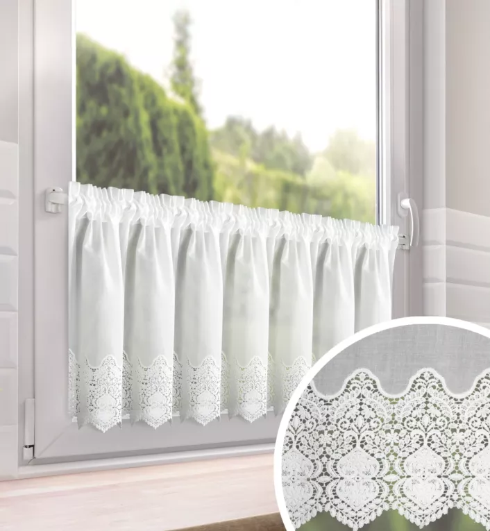 Zazdrostka biała z bawełny zdobiona ażurowym haftem 40x150 cm tunel - SOLA